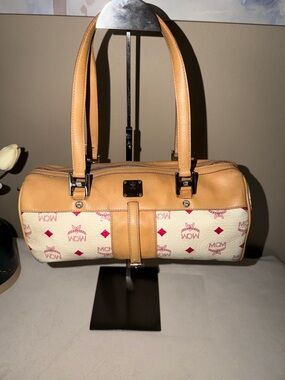 MCM Tan Leather and Cream Canvas Shoulder Barrel Bag with Pink Logo